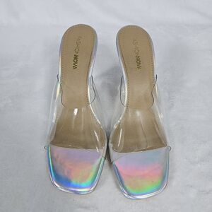 Fashion Nova Womens Size 10 Iridescent Holographic Clear Mule Heels Square Toe